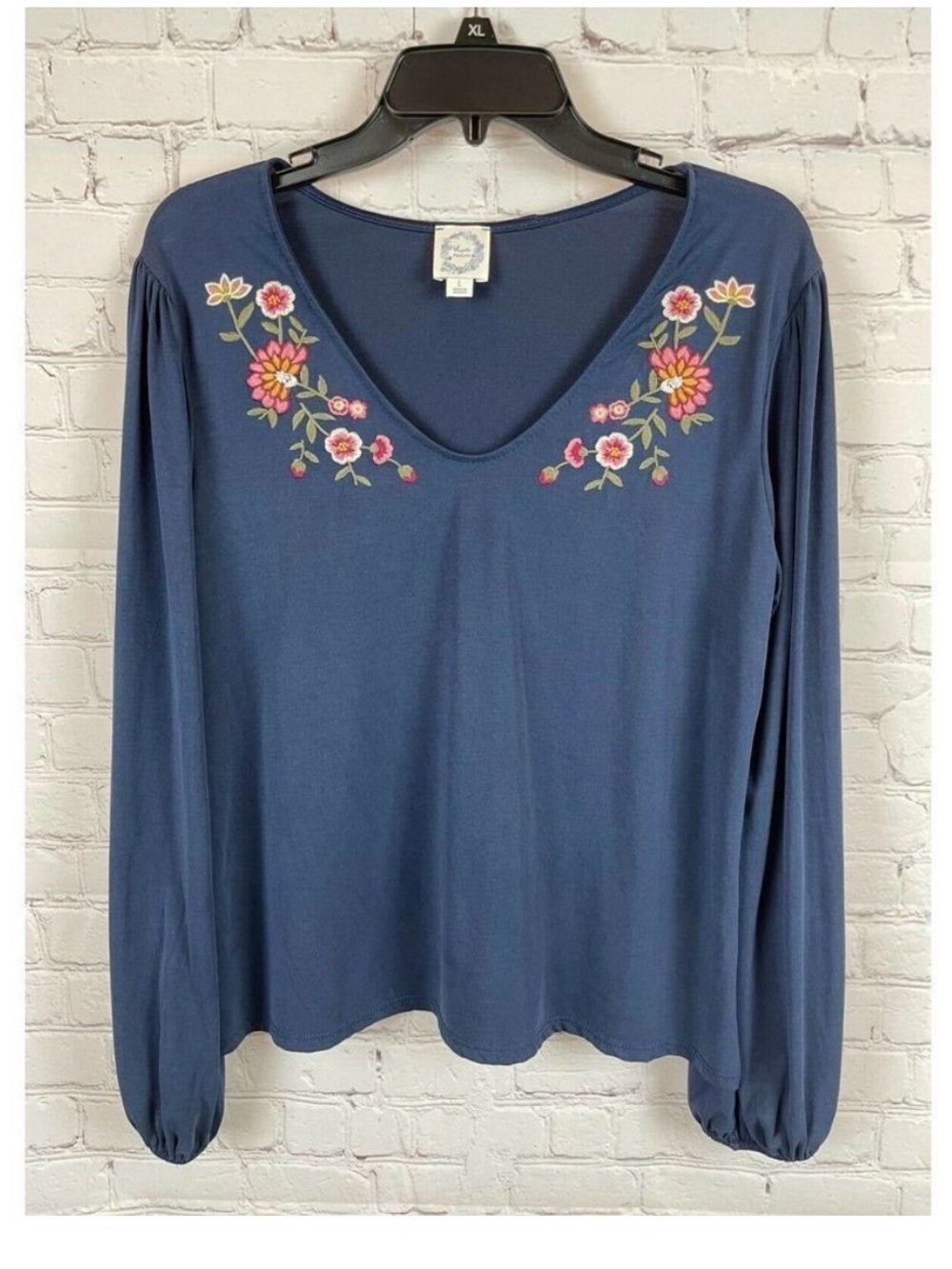 Blue Rain Navy V-Neck Long Sleeve Top with Floral Embroidery